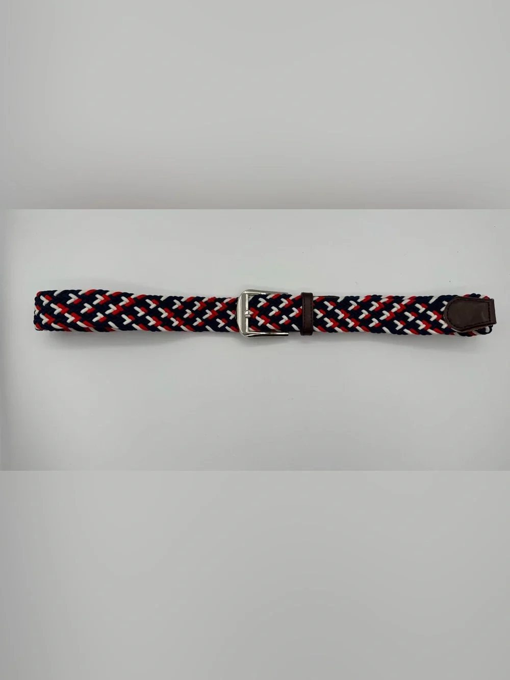Vintage Braided Stretch Belt Navy Red White Brown Leather Trim Preppy Nautical